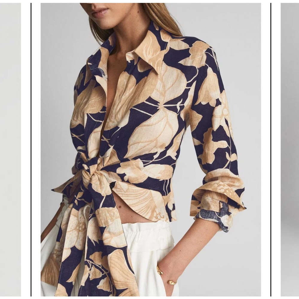 Reiss Corinne Linen Floral Printed Tie Waist Top
